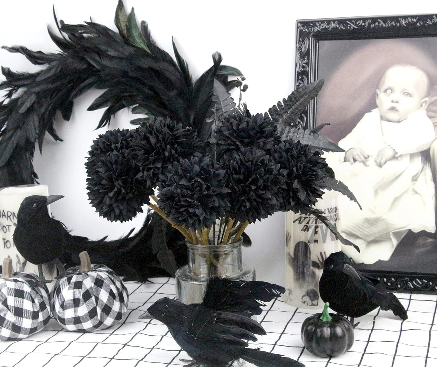 Kimura's Cabin 20Pcs Black Fake Ball Flowers Artificial Silk Chrysanthemums Faux Mums Flower Bouquets for Halloween Home Festive Party Decor Kitchen Table Centerpiece(Black)