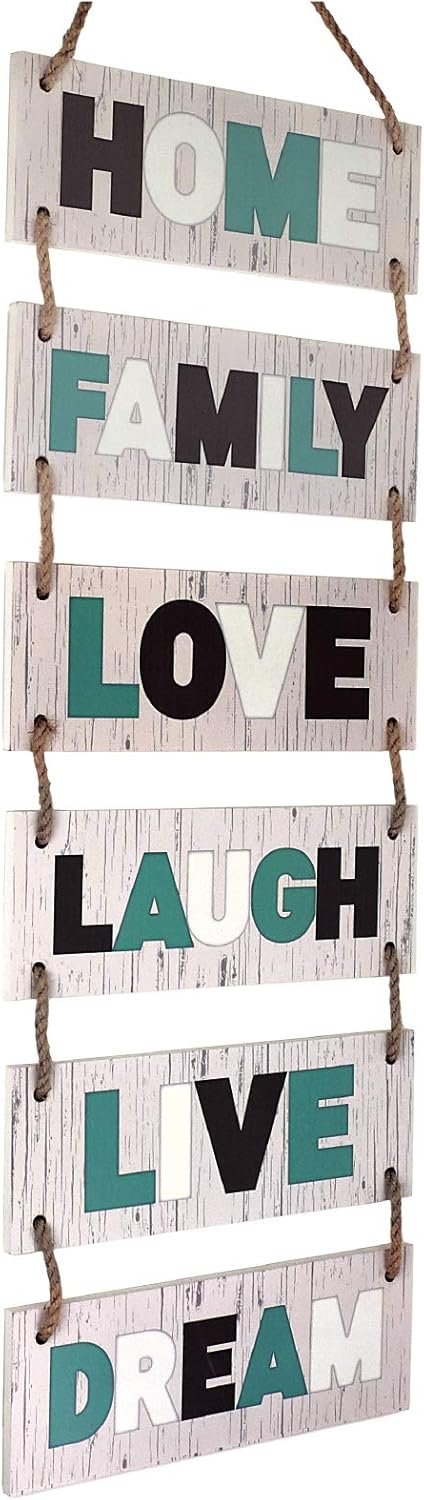 EXCELLO GLOBAL PRODUCTS Large Hanging Wall Sign: Rustic Wooden Decor (Family, Home, Love, Laugh, Live, Dream) Hanging Wood Wall Decoration (11.75" x 32")