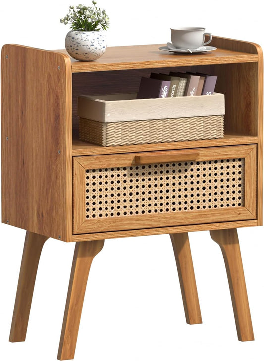 Lerliuo Rattan Nightstand, Side Table with Drawer Open Shelf, Cane Accent Bedside End Table with Solid Wood Legs, Mid Century Modern Night Stand for Bedroom, Dorm and Small Spaces (Tea Brown)