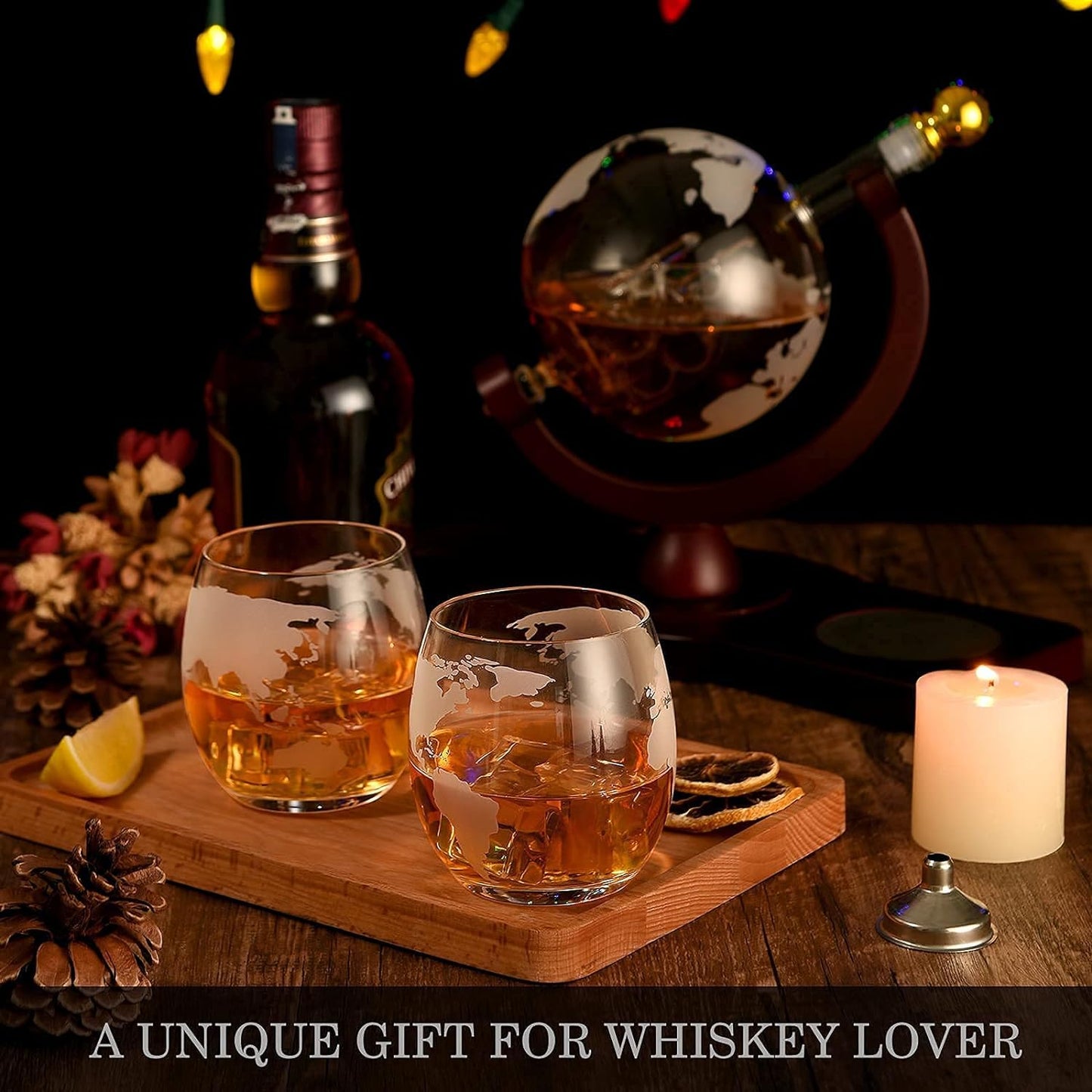 Gifts for Men Dad Husband from Wife Daughter Son, Unique Christmas Anniversary Birthday Gifts for Him, Whiskey Decanter Globe Set with 2 Glasses, Bourbon Scotch Liquor Cool Stocking Stuffers Presents