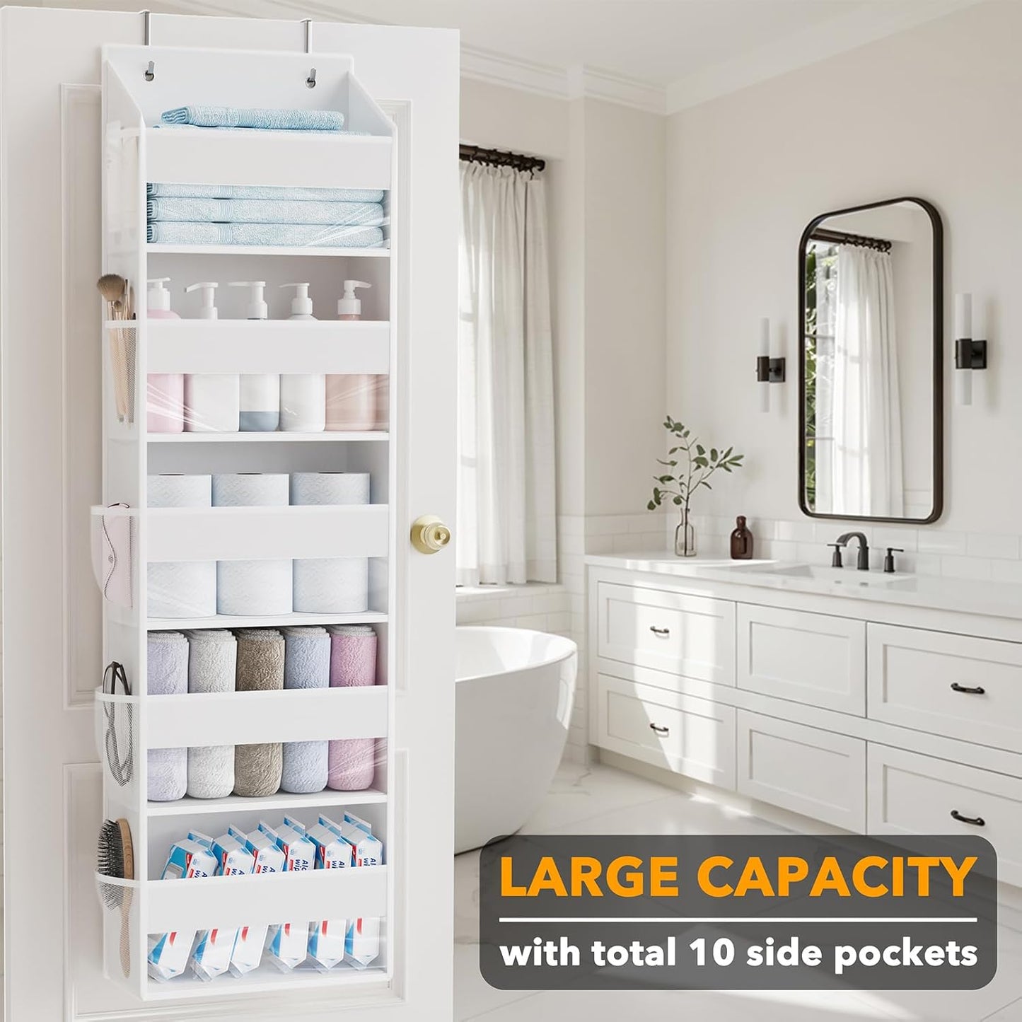 SpaceAid 1 Pack Over The Door Organizer with 5 Large Pockets and 10 Mesh Side Pockets, 5 Layers Door Organizer Hanging with Clear Window for Bedroom, Bathroom, Pantry and Nursery, White