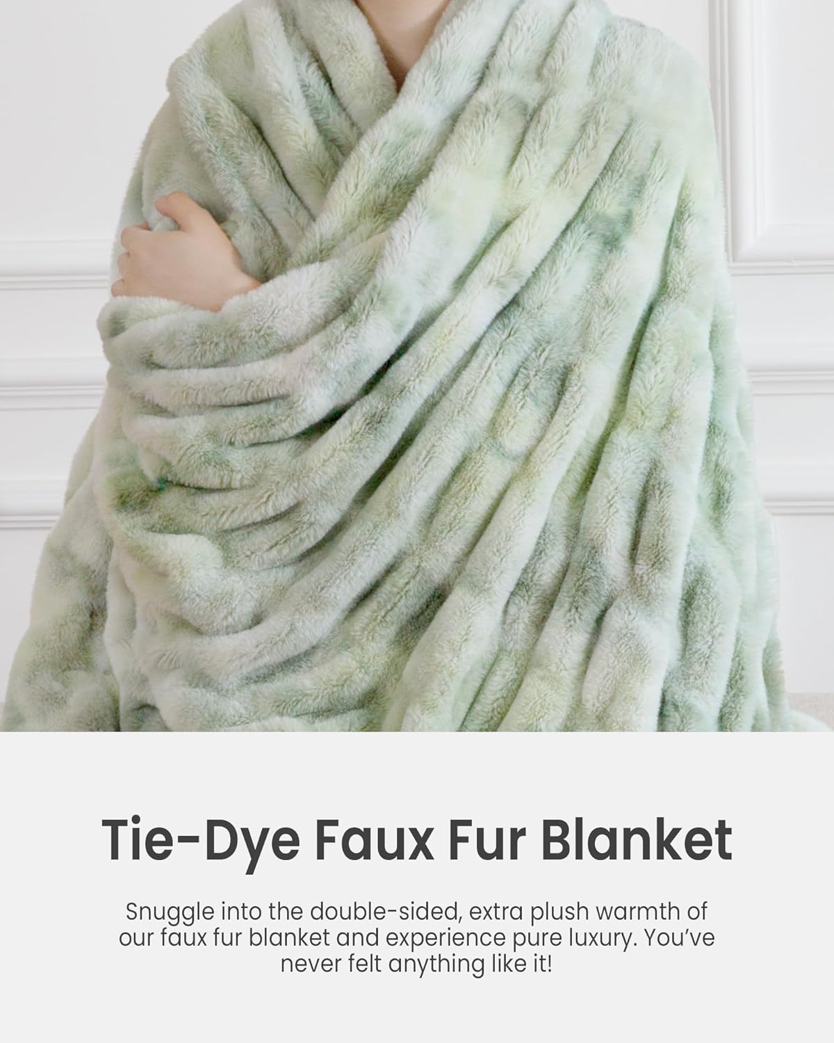 Faux Fur Blanket, Twin Size Oversized Throw Blanket for Couch, Fluffy Blanket with Stretch Ruched Design, Ultra Soft Giftable Home Decor, 60x80 inches, Tie-Dyed in Sage Green