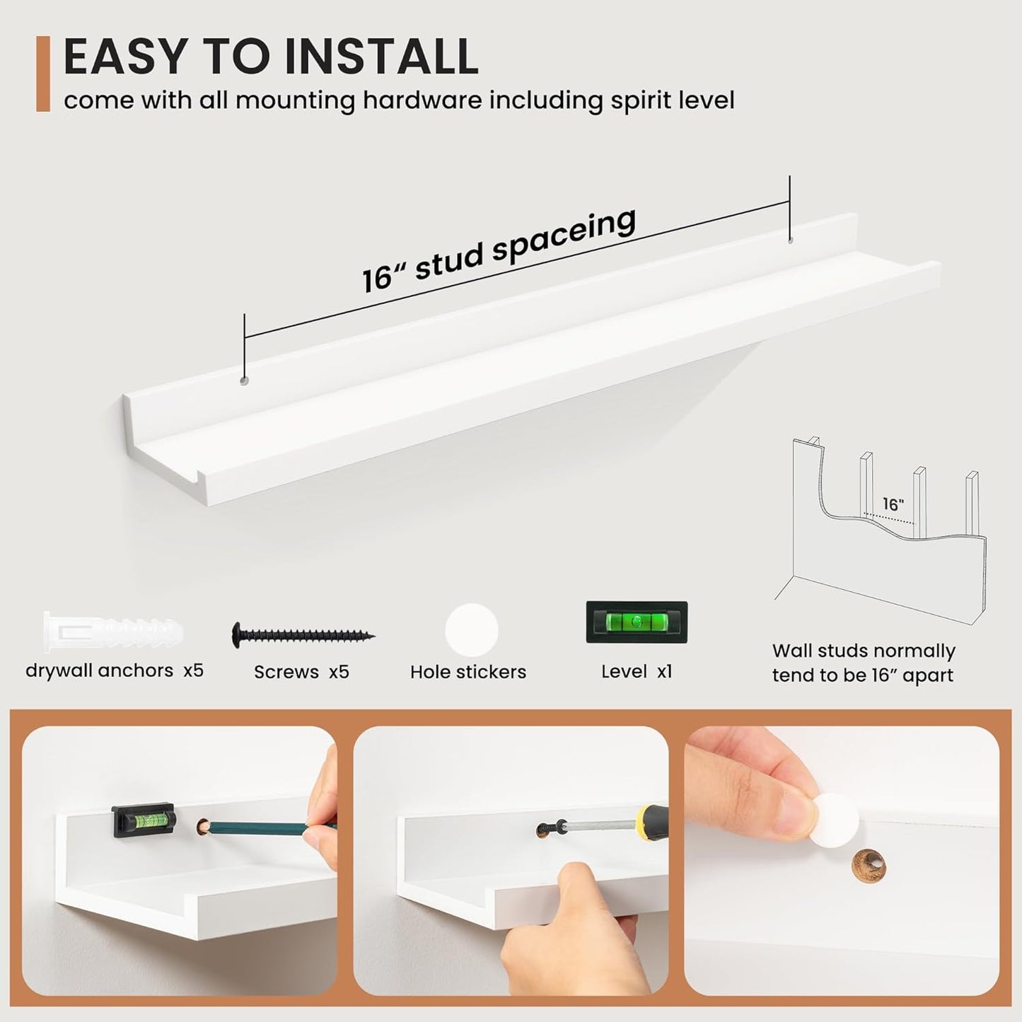 Fun Memories Picture Ledge Shelves Set of 2, 32 Inch Rustic Wall Mounted Floating Shelves with Lip for Home Storage and Décor in Bathroom, Kitchen, Nursery, Bedroom, Living Room, White