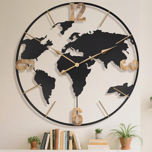 36 Inch Oversized Giant Extra Large Modern Decorative Metal World Map Wall Clock,Big Vintage Gold Arabic Numeral Wall Clocks for Living Room,Entryway,Office,Fireplace,Dining Room