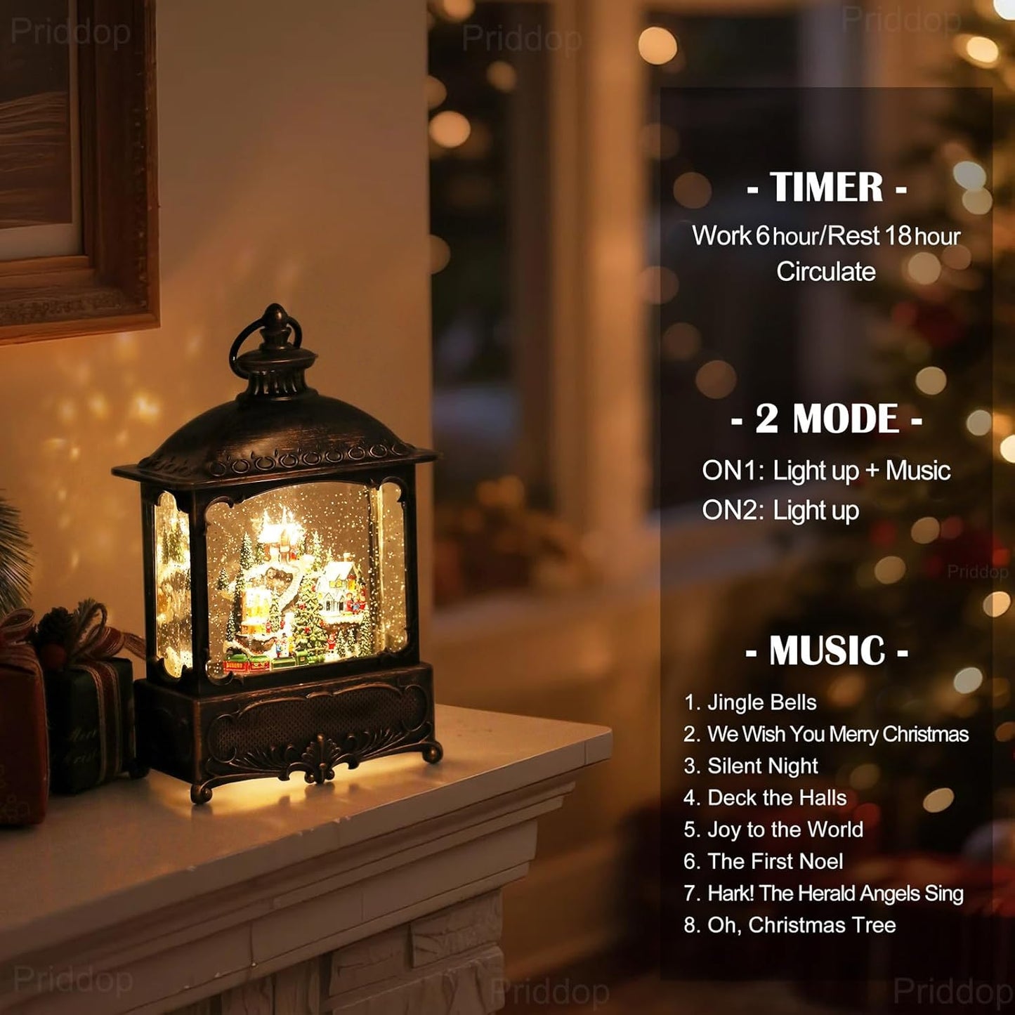 Christmas Snow Globe Lantern Christmas Decorations Gifts Snowy Village Scene Snowman Church Cabin Train Musical Glitter Snowfall USB/Battery Timer 12 inch