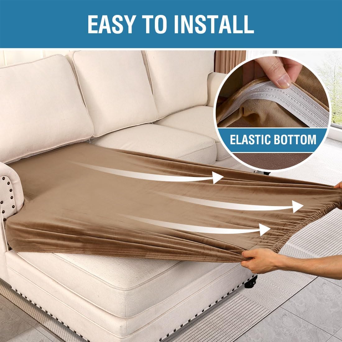 H.VERSAILTEX Velvet Stretch Individual Chaise Cover Sectional Couch Covers for L Shaped Sofa Both Left/Right Furniture Protector Seat Cushion Sofa Cover (1 Piece Chaise Cover, Camel)