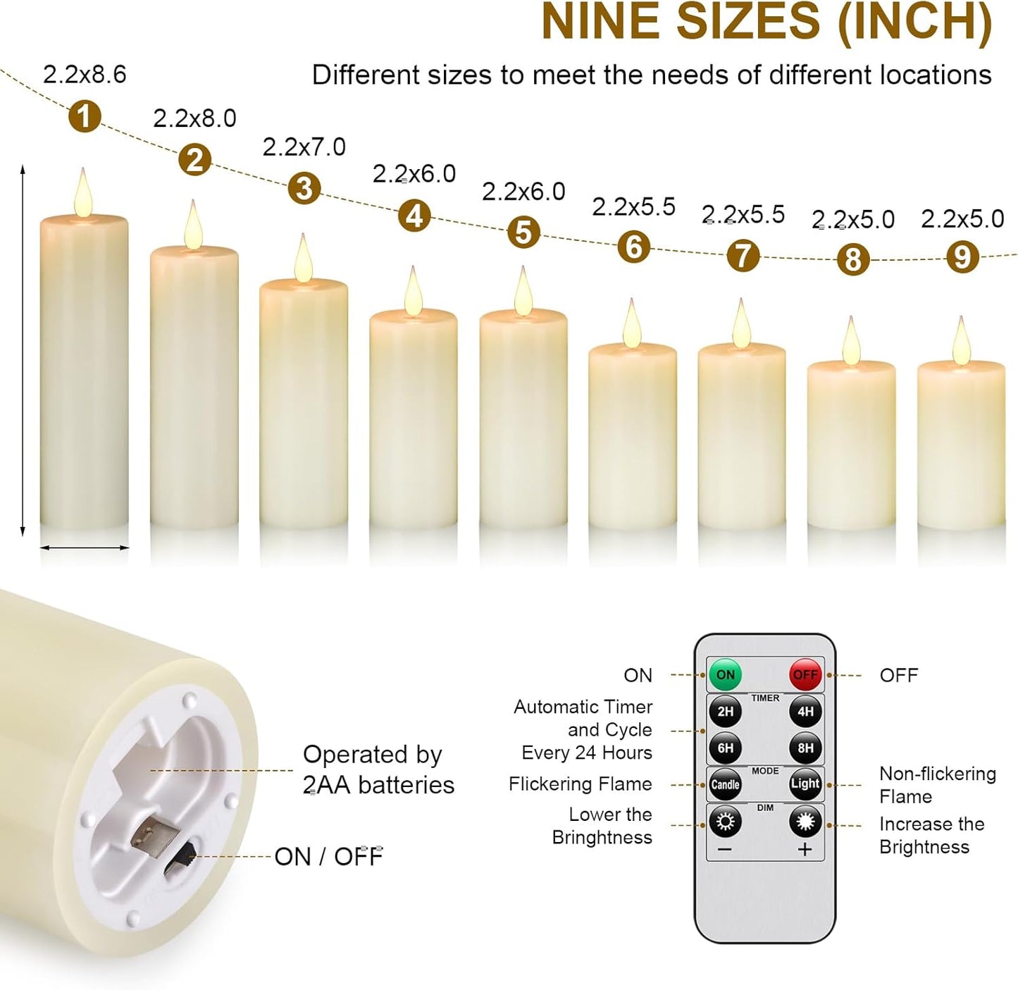 Flameless Battery Operated LED Candles 3D Wick with10 Key Button Remote Control 24-Hour Timer Set of 9 Electric Flickering Pillar Real Wax ApplyTo Party, Wedding,Dinner， Home Decoration