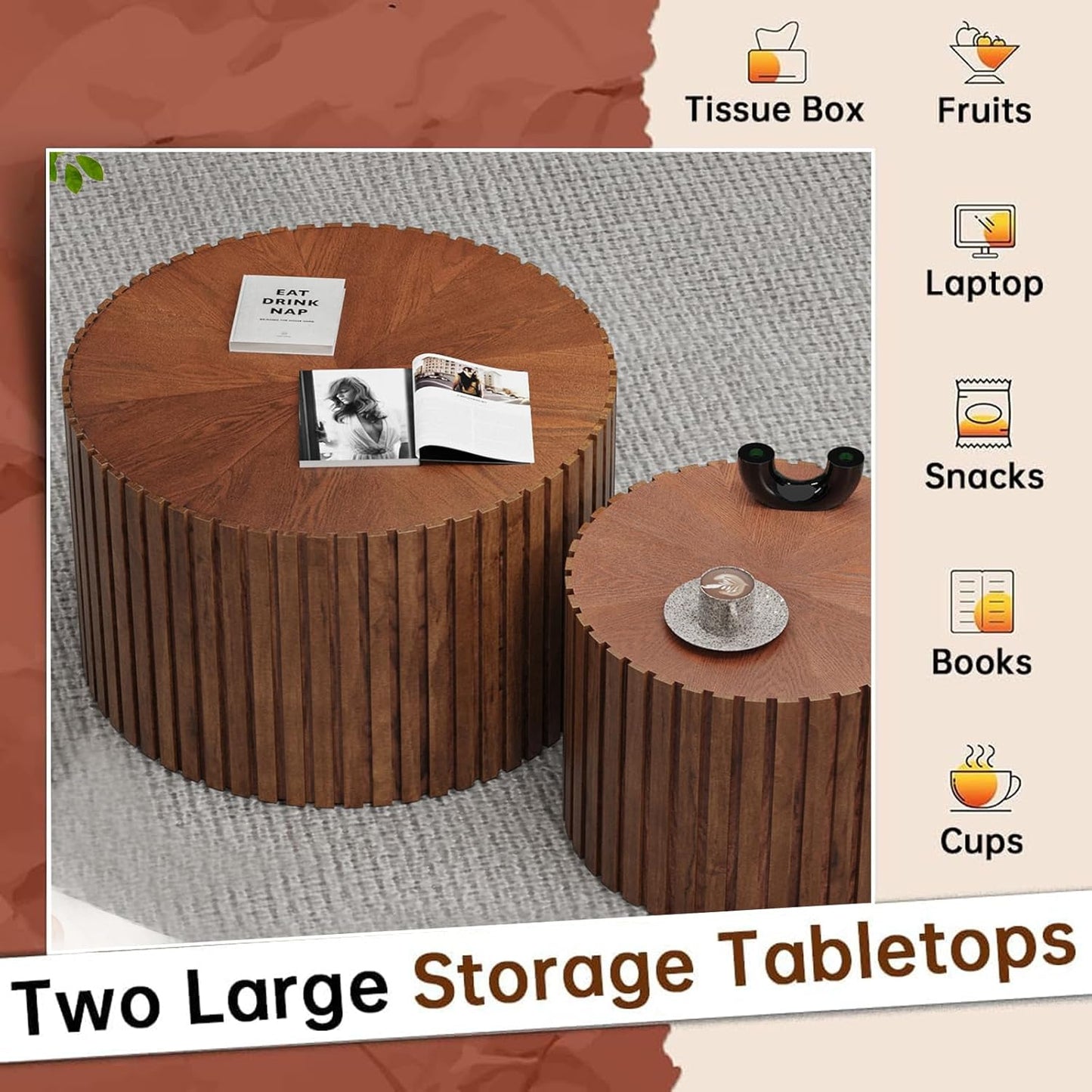 Round Nesting Coffee Table Set of 2 Modern Round Walnut Coffee Table Small Circular End Table Side Table Coffee Tables Circle Nested Coffee Tables for Living Room (Brown Small)