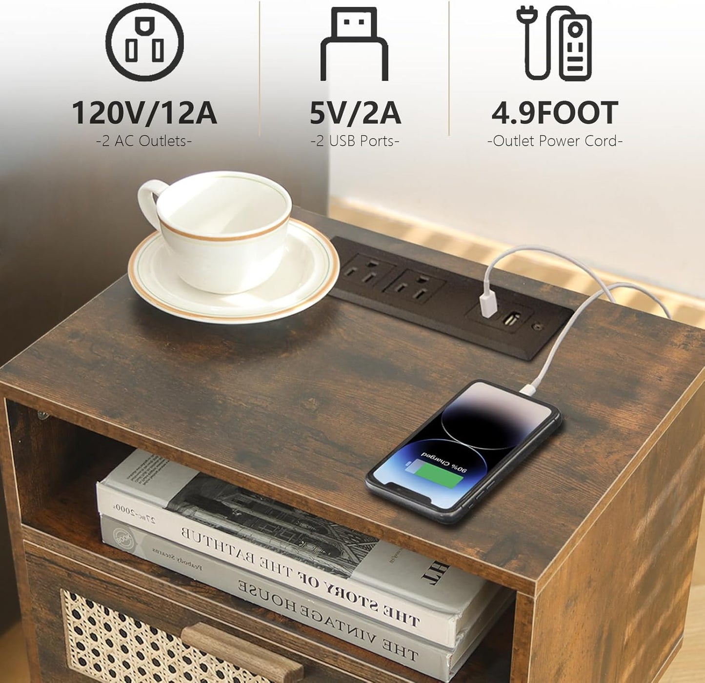 MaxSmeo Small Nightstand with Charging Station, Rattan Side Table Mid Century Modern Bedside Table for Bedroom, Living Room and Small Spaces, Solid Wood Legs (Rustic Brown)