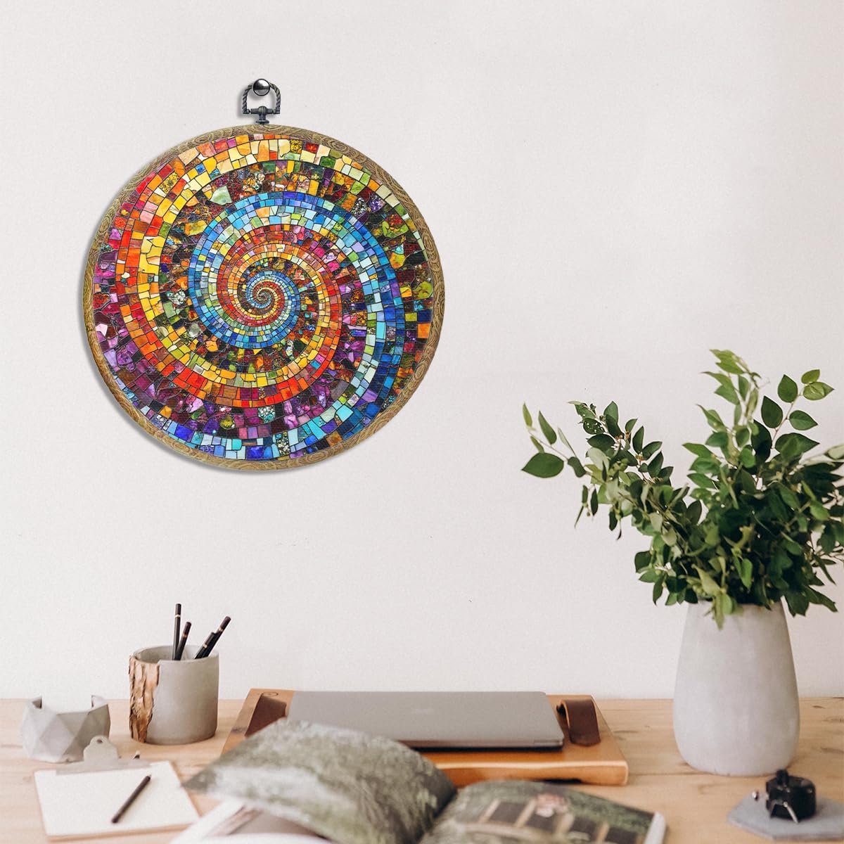 Colorful Glass Style Colorful Geometric Decoration Gift for Art Lovers Framed Round Wall Decor Canvas Wall Art Hanging Prints Artwork for Home Nursery Bedroom Living Room Decorations 10.2X10.2 Inch