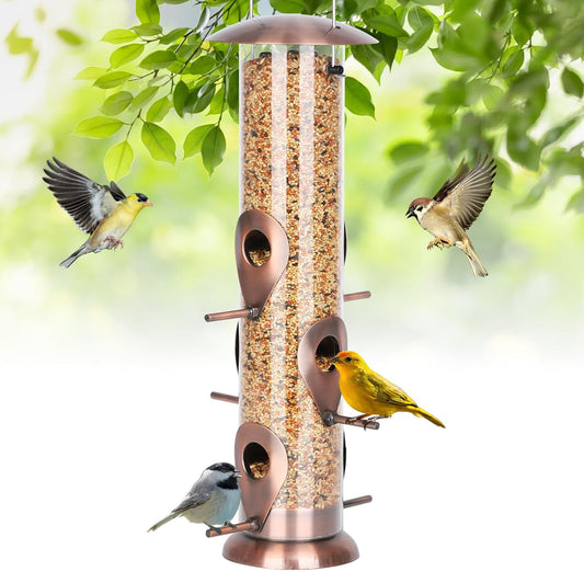 FEED GARDEN Metal Bird Feeders for Outdoors Hanging, 6-Port Tube BirdFeeders for Outside, Finch Feeders for Outside, Brushed Copper Finishing, Bird Feeder with Heavy Duty Metal Lid, Chew-Proof 1 Pack