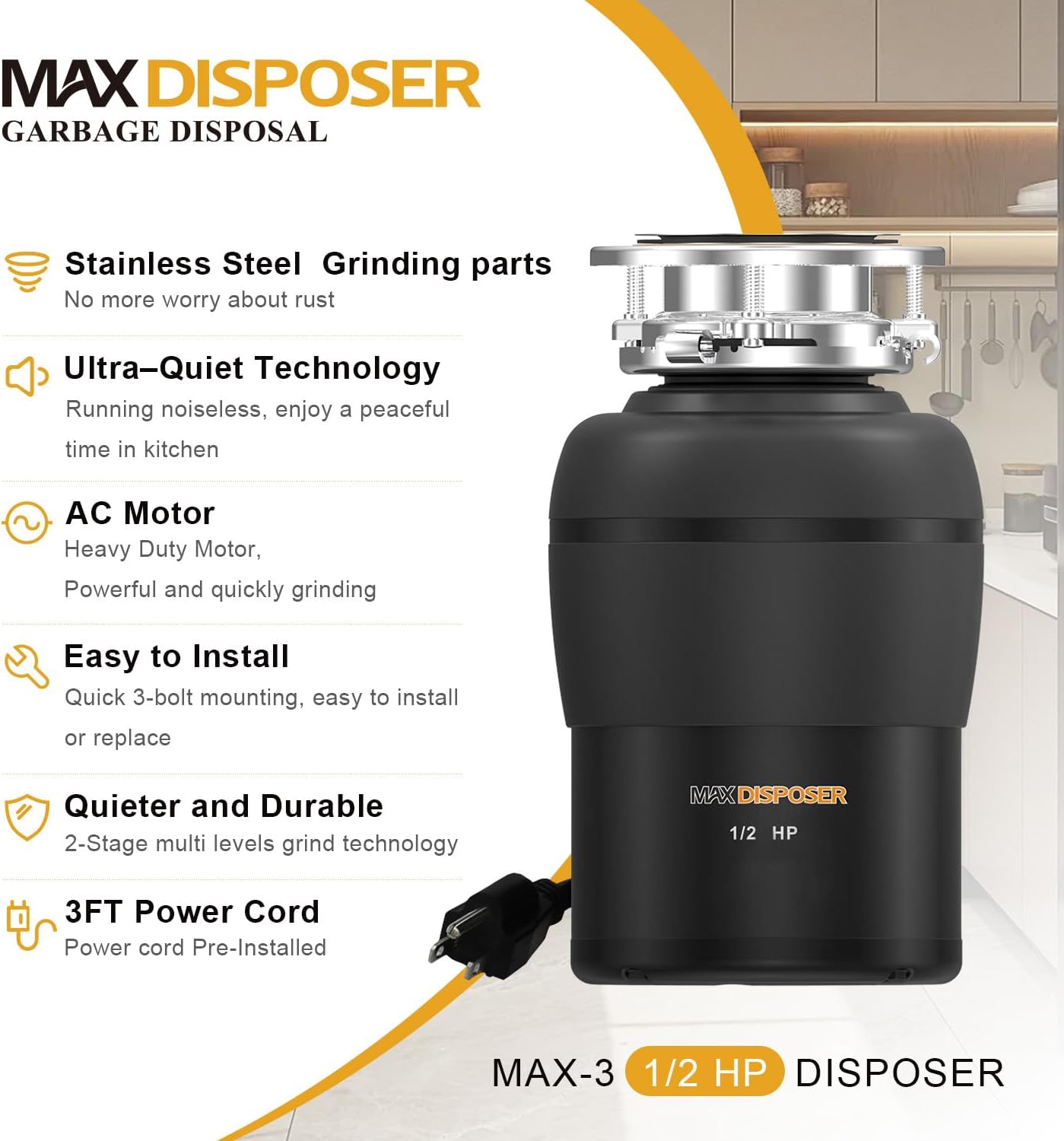 Garbage Disposal 1/2 HP Easy install Quiet with Stopper Power Cord, Kitchen sink Food Waste Disposer Continuous Feed, Stainless Steel Grind Half Horsepower AC Motor Unit (MAX-3)