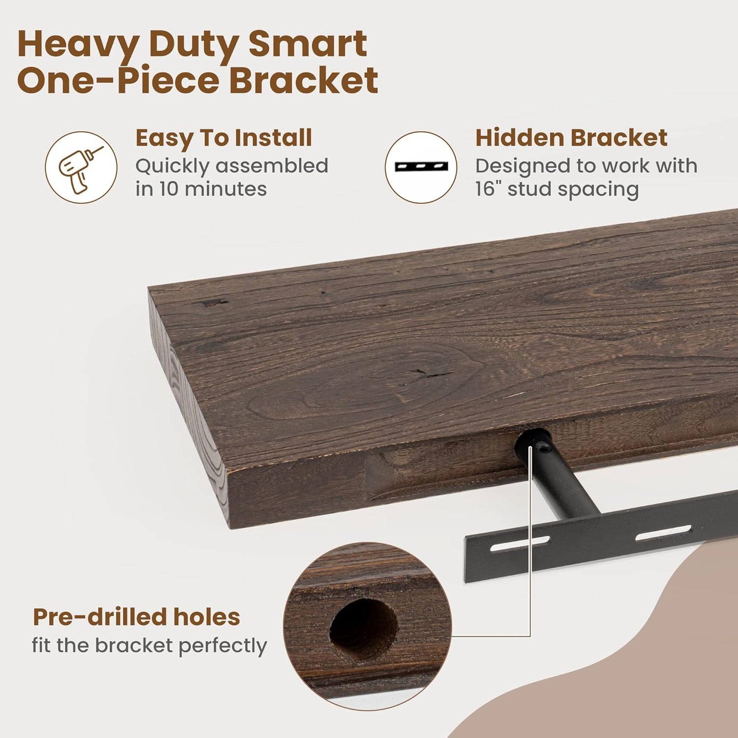 Floating Shelves for Wall Decor, 8 Inch Deep Rustic Solid Elm Wood Floating Shelves Wall Mounted, Wall Shelves with Invisible Bracket for Living Room Bathroom Bedroom Kitchen, 36 Inch Set of 2, Walnut