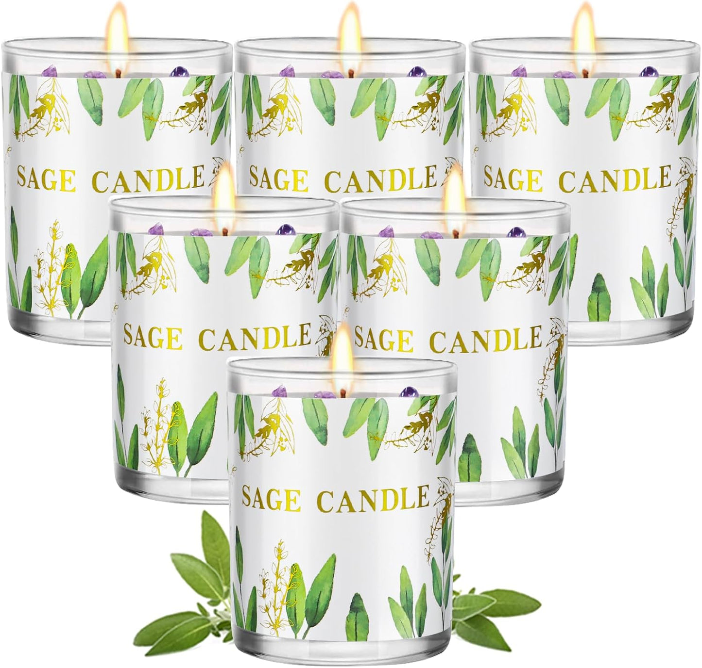 Candles, 6 Pack Sage Candle for Cleansing House Negative Energy, Scented Candles Gifts Set for Women, Crystal Candle Clearance with Crystal Healing Stones, Alternative to Smudge Sticks, Relax & Mind