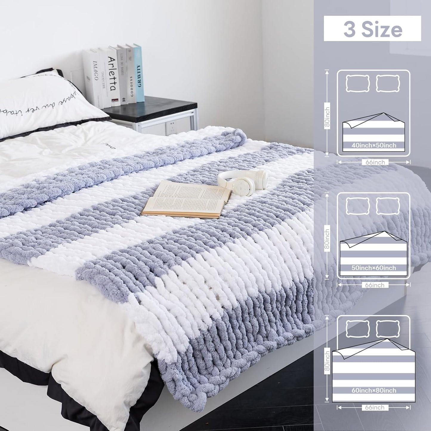 Chunky Knit Blanket - Luxury Soft Cozy 50 * 60 Throw Blanket,100% Woven Blanket Rope Knot Throw Blanket for Couch, Sofa, Home Decor, Gift - Machine Washable（White/Light Gray）