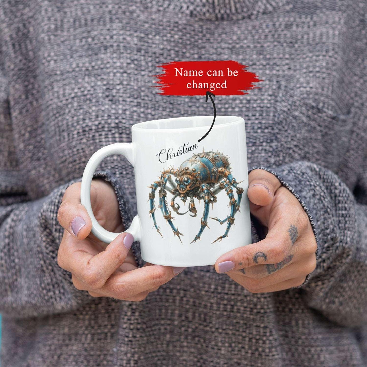 Personalized Steampunk Insect Mug, Customizable Name Mechanical Character Coffee Cup 11oz, Unique Cyberpunk Design Ceramic Mug, Customized White Cup Gift For Sci-Fi Enthusiasts
