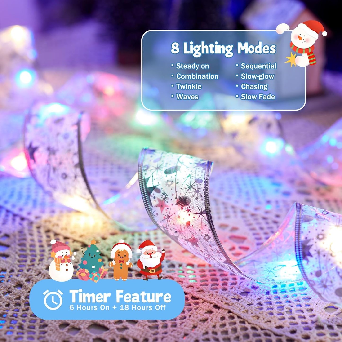 Christmas Tree Ribbon String Lights - 33ft 100 LED Battery Powered Fairy Lights with Timer and 8 Lighting Mode, Ribbon Bow Light for 6ft - 8ft Christmas Tree New Year Decor, Silver Ribbon, Multi-color