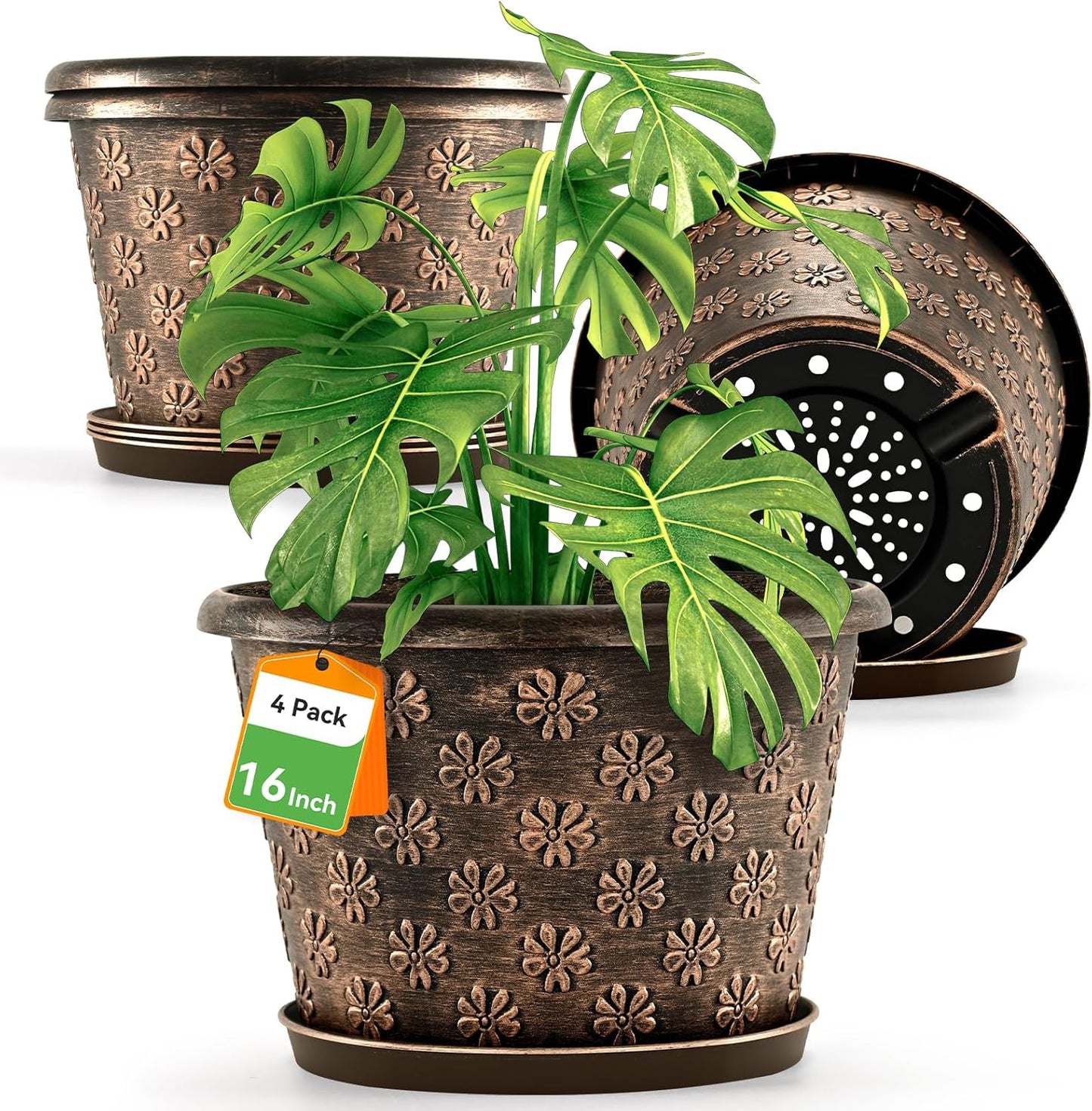 16 Inch Planter Pots for Plants, Plastic Large Flower Pots Indoor Outdoor, 4 Pack Resin Plant Pot with Drainage & Saucer, Retro Decorative Garden Pot with Removable Trays for House
