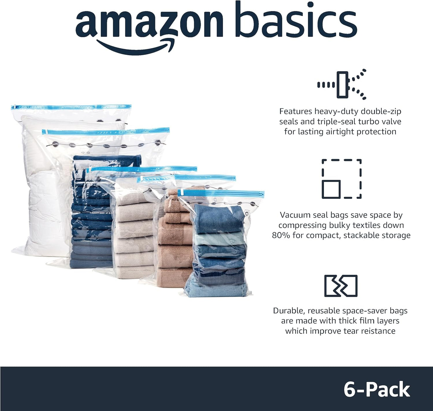 Amazon Basics Vacuum Compression Space Saving Storage Bags with Hand Pump for Clothes Packing, Jumbo, Clear, Pack of 6
