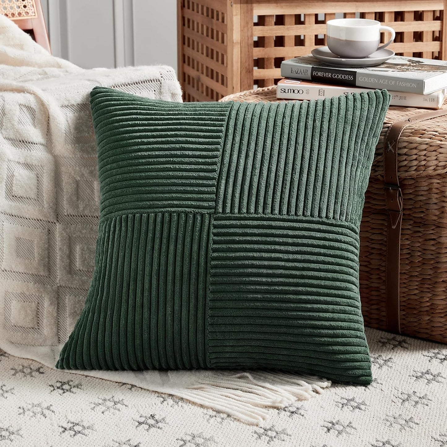 Fancy Homi Set of 2 Dark Green Decorative Throw Pillow Covers 26x26 Inch for Bedroom Couch Bed, Boho Farmhouse Forest Green Home Decor, Soft Corss Corduroy Patchwork Textured Cushion Case 66x66 cm