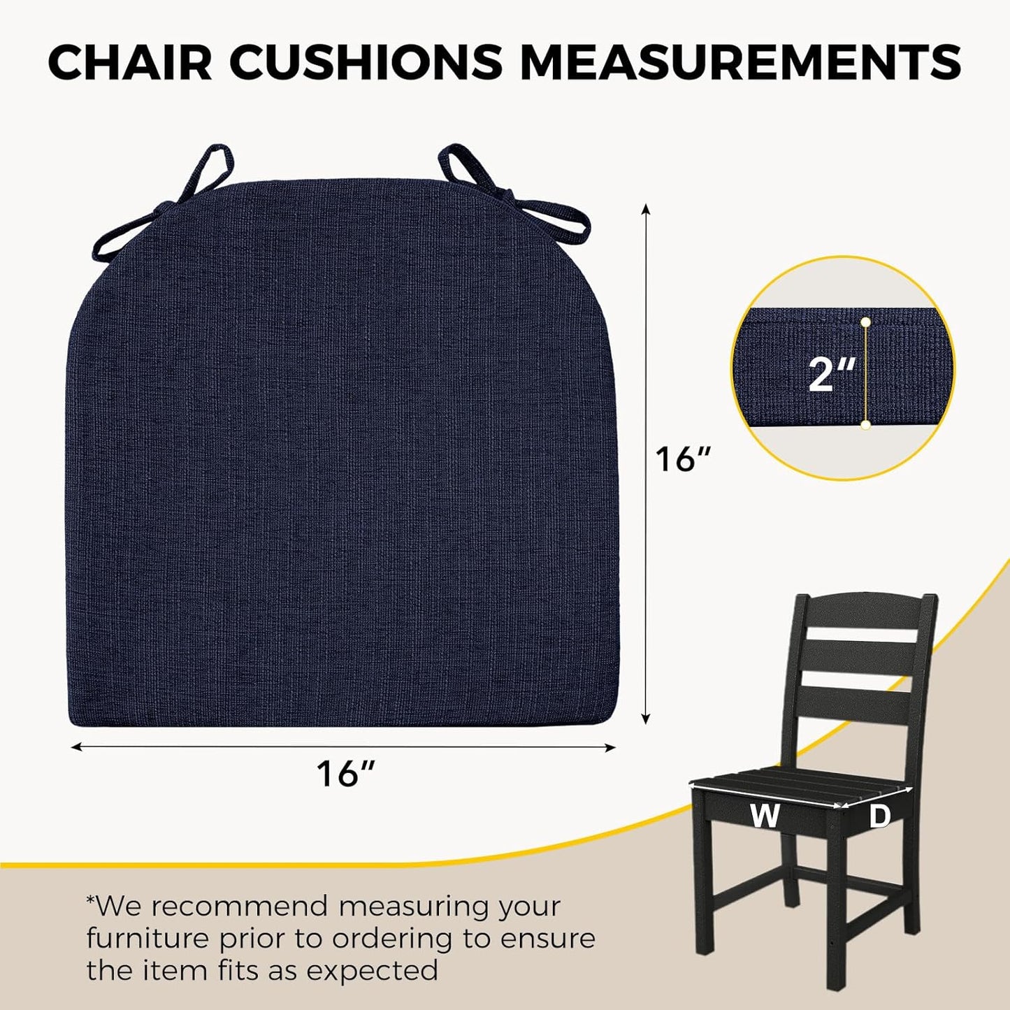 downluxe Indoor Chair Cushions for Dining Chairs, Soft and Comfortable Textured Foam Kitchen Chair Pads with Ties and Non-Slip Backing, 16" x 16" x 2", Navy, 6 Pack
