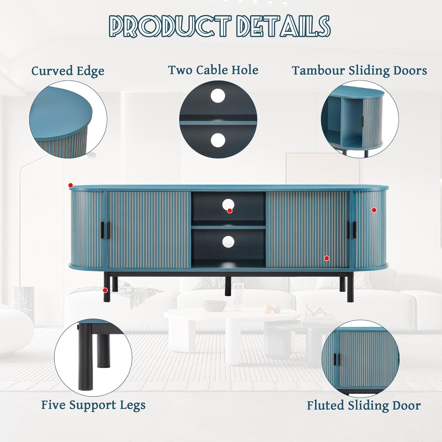 62" Tambour Door TV Stand,Wood Mid Century Modern TV Cabinet for Up to 75“ TV,Curved Edge Long TV Stand with Storage for Bedroom Living Room(62.2inch,Blue)