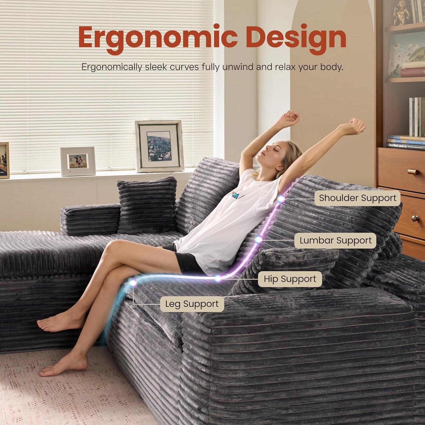 ovios 105” Modular Sectional Sofa with Thicken Seat Cushion, Cloud Couch with Deep Seat, Modern L-Shape Sofas Couches with Chaise,Upholstered Couches for Living Room Bedroom,Grey