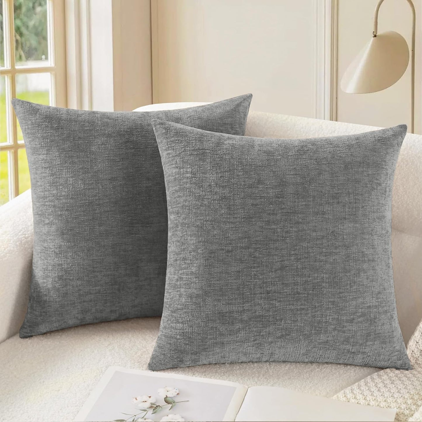 CaliTime Throw Pillow Covers Decorative 26 X 26 Inches Pack of 2 Cozy Chenille Cushion Cases for Couch Sofa Bed Living Room Home Medium Grey