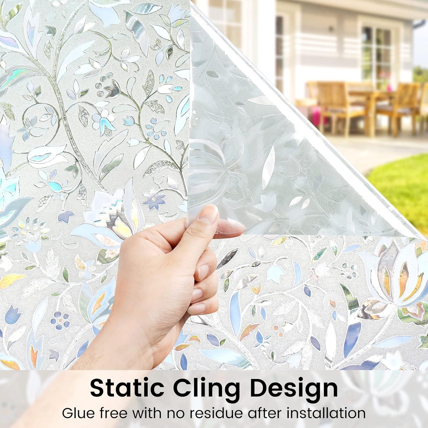 DOWELL Window Privacy Film, 3D Stained Glass Rainbow Films, Decorative Window Vinyl Sun Blocker Door Covering, Static Cling Non-Adhesive Glass Sticker for Home, Blooming Flowers, 23.6"x118.1"