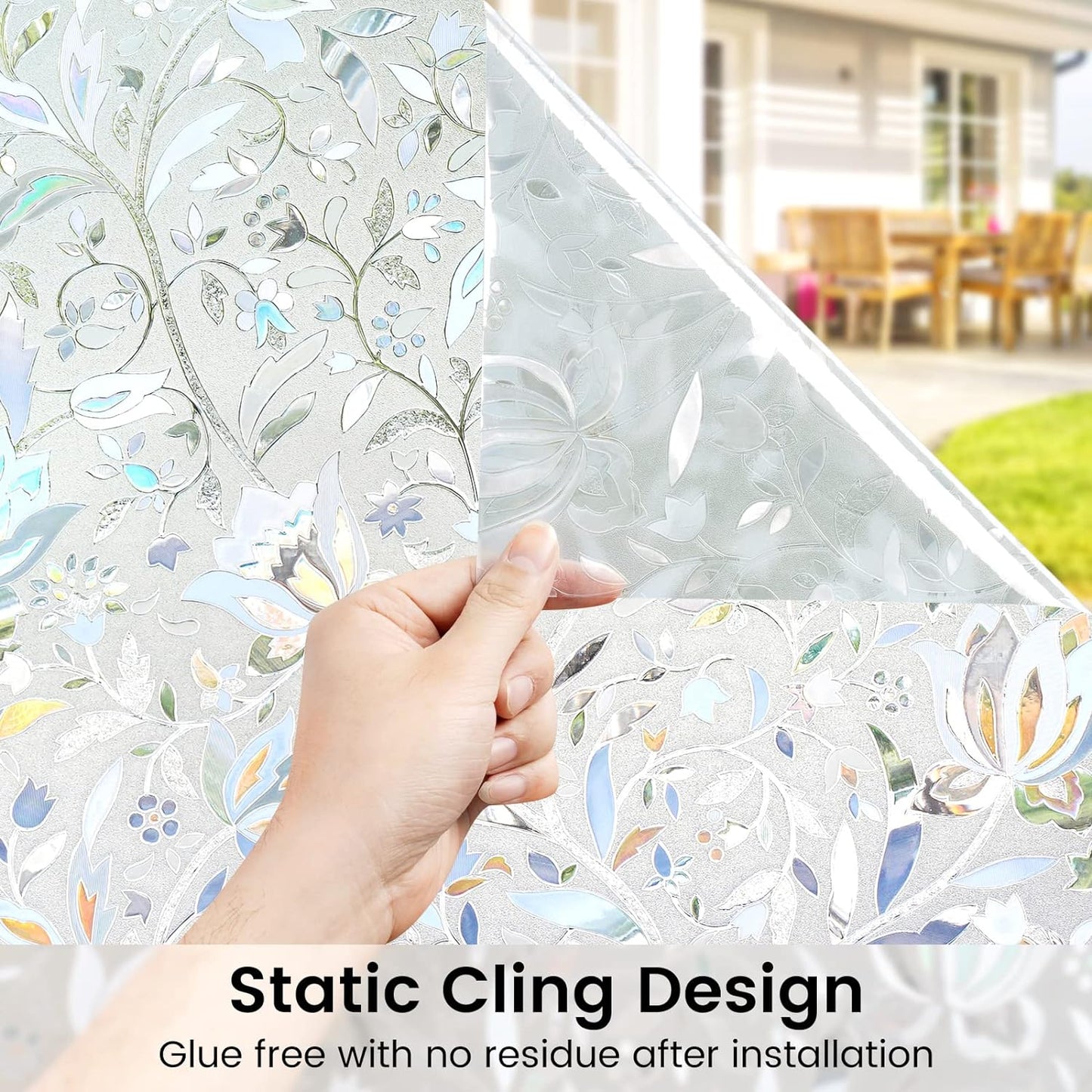 DOWELL Window Privacy Film, 3D Stained Glass Rainbow Films, Decorative Window Vinyl Sun Blocker Door Covering, Static Cling Non-Adhesive Glass Sticker for Home, Blooming Flowers, 23.6"x78.7"