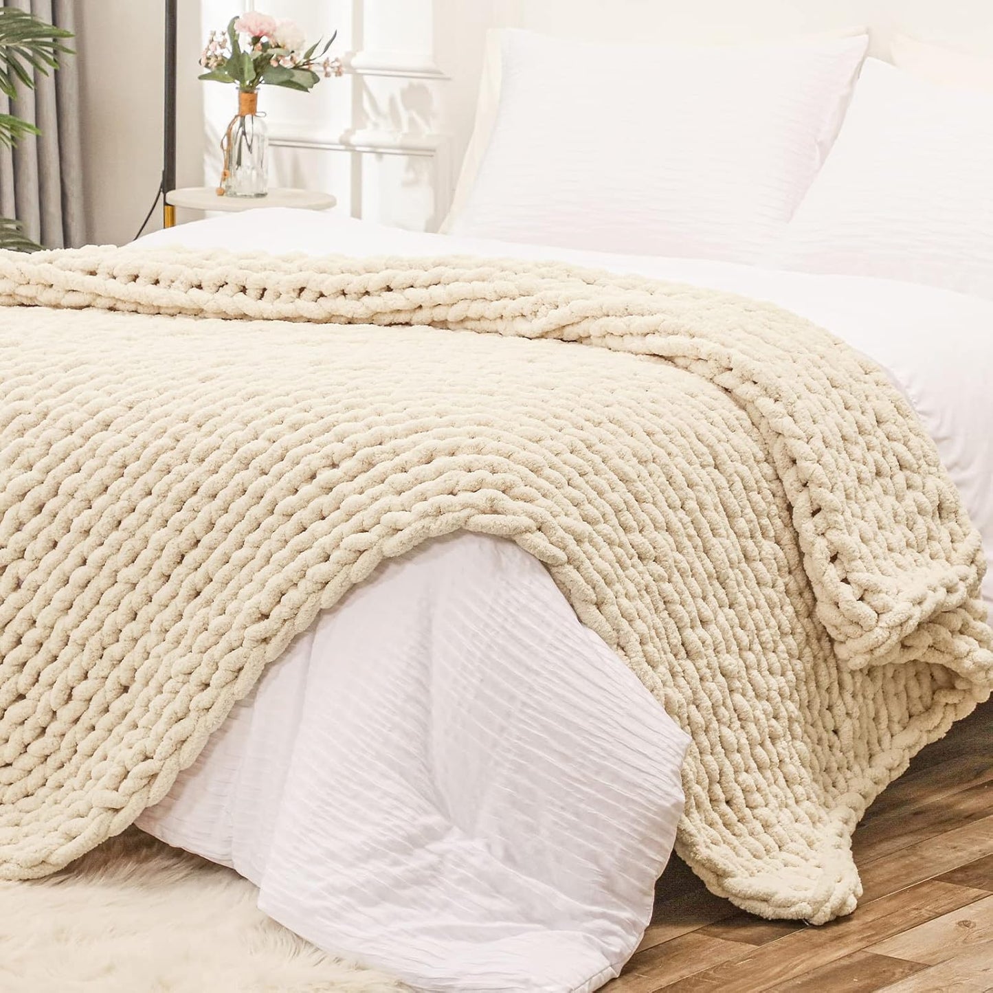Bigacogo Chunky Knit Throw Blanket for Couch, 80x90 inches, 100% Hand Knitted with Thick Jumbo Chenille Yarn, Cozy Soft Large Rope Knot Cable Crochet Blankets for Sofa Bed Living Room, Beige