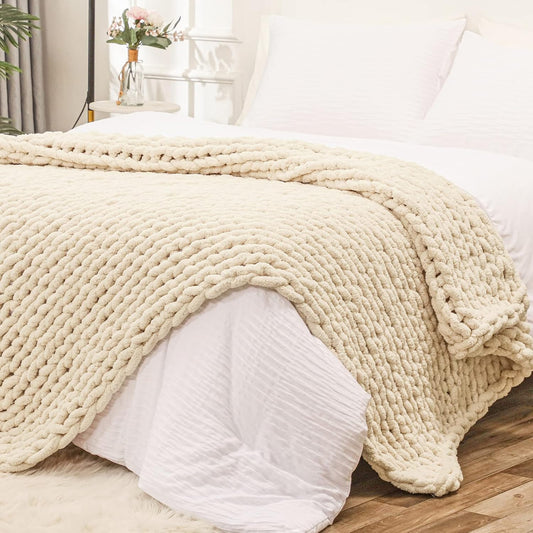 Bigacogo Chunky Knit Throw Blanket for Couch, 80x90 inches, 100% Hand Knitted with Thick Jumbo Chenille Yarn, Cozy Soft Large Rope Knot Cable Crochet Blankets for Sofa Bed Living Room, Beige