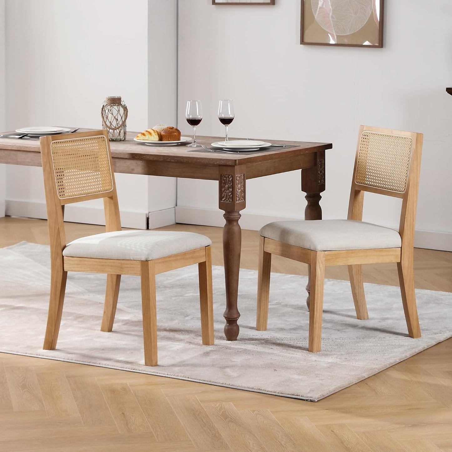 Westice Rattan Dining Chairs Set of 6, Farmhouse Natural Dining Room Chairs with Upholstered Cushion, Wood Armless Chairs for Kitchen/Restaurant