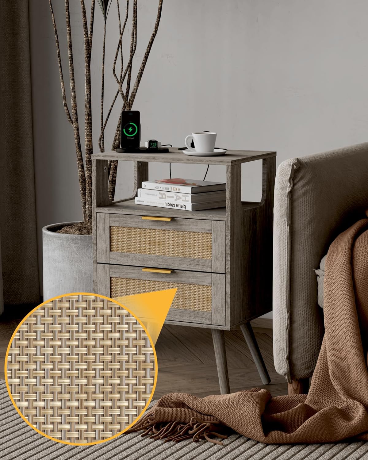 Rattan Nightstand with Charging Station,Modern Bedside Table with 2 Storage Drawer and Open Wood Shelf, for Bedroom and Small Spaces,Night Stand with Solid Wood Legs (Grey Oak)