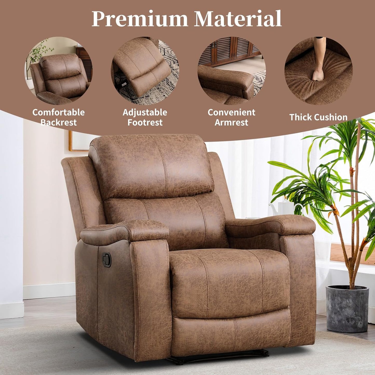 EBELLO Recliner Chair, Single Overstuffed Sofa Recliner, Breathable Faux Leather Manual Reclining Chairs with Hidden Cup Holder, Arm and Back for Adults, Living Room, Bedroom, Light Brown