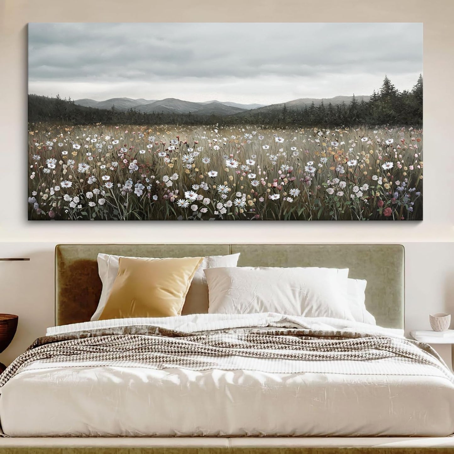 HGUAOA Vintage Landscape Wall Art for Bedroom and Living Room - Large Floral Artworks Farmhouse Wall Decor - Framed Neutral Nature Pictures - Above Bed Wall Decor with Mountain Scenery 29×58IN