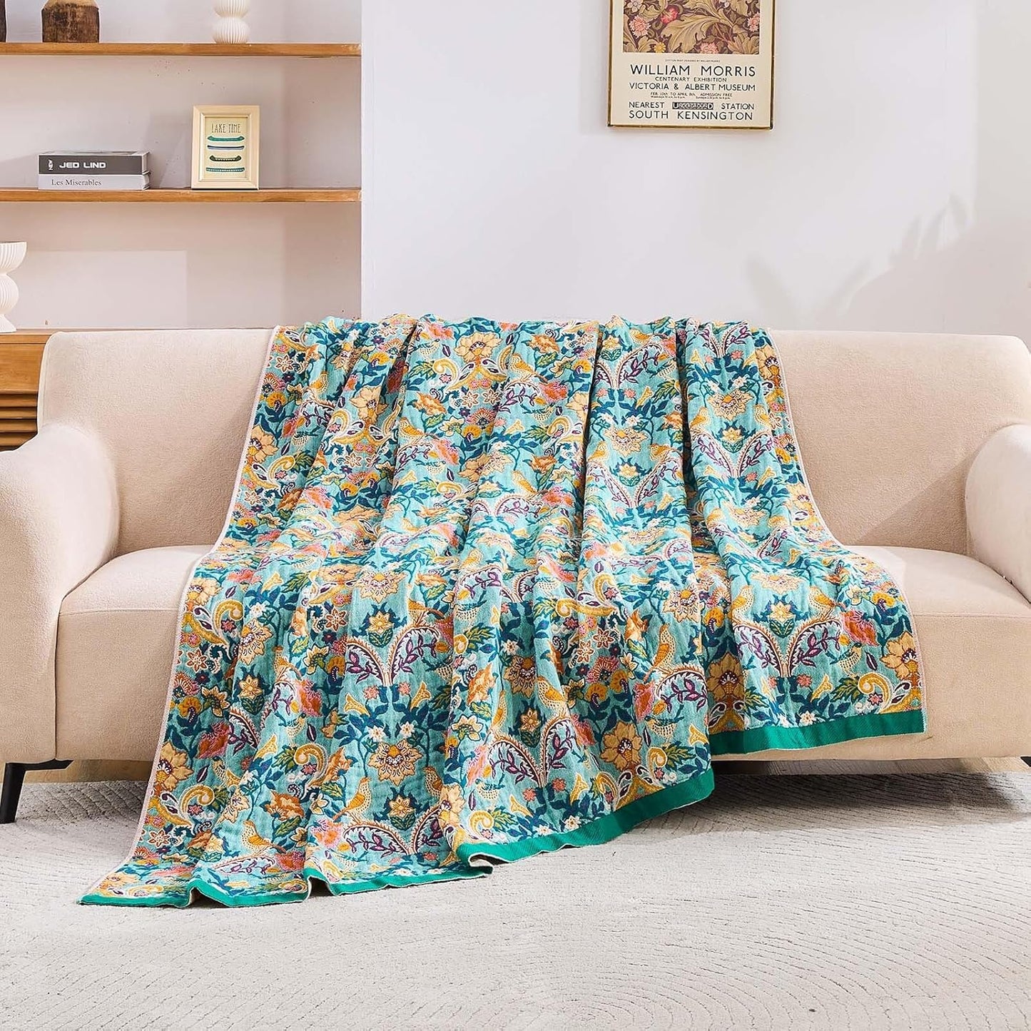 Boho Blanket Throw Quilt, 100% Cotton Soft Light Weight Throw Blankets for Summer, 80"x90" Farmhouse Flower Decorative Blankets, All Season Rustic Reversible Bohemian Throw Quilt