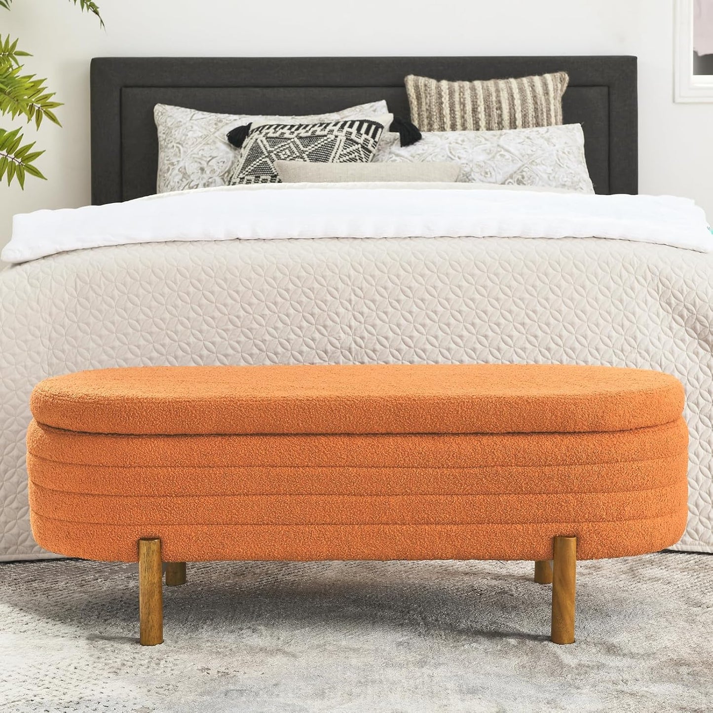 Furniliving 46” Storage Benches, End of Bed Bench with Button-Tufted Large Upholstered Storage Ottoman Teddy Window Bench with Storage Shoe Cabinet Bench, for Bedroom, Entryway, Closet, Orange