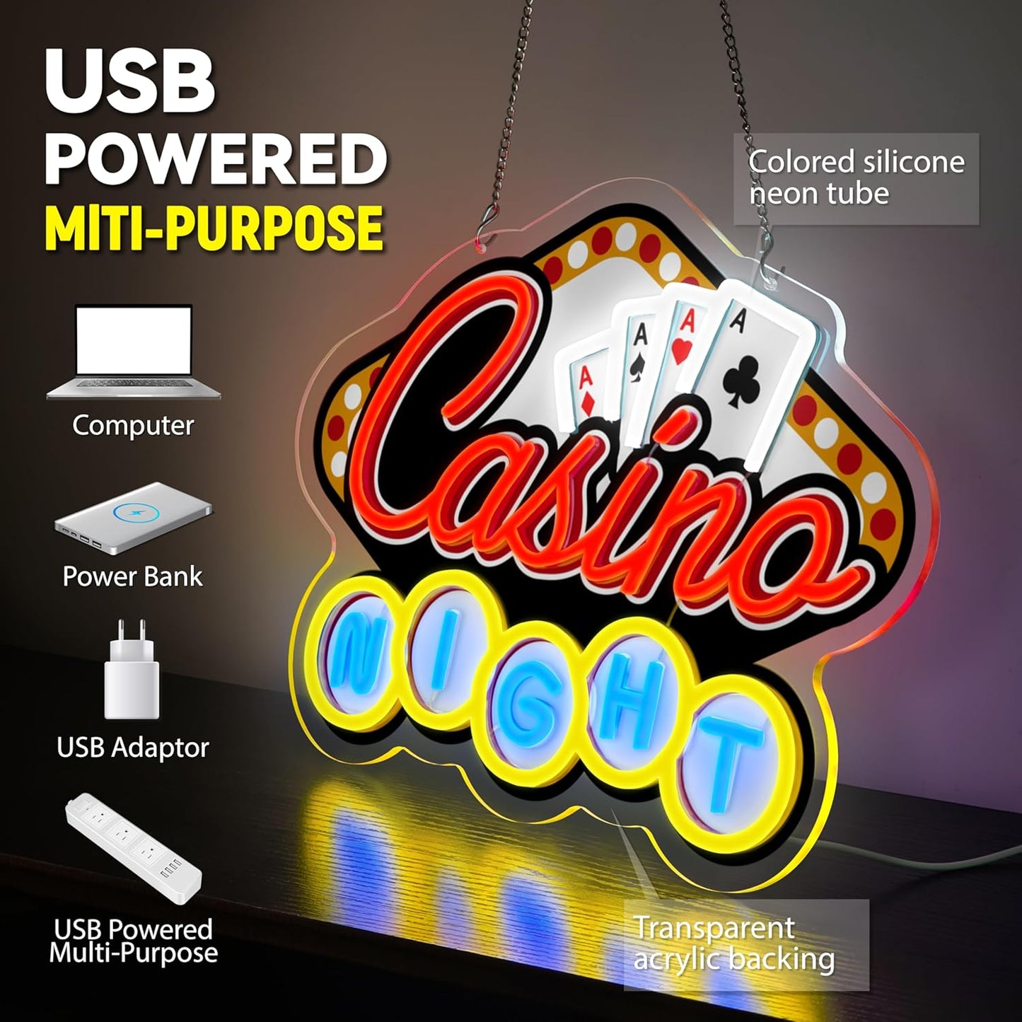 Casino Night Neon Sign for Wall Decor Casino Led Neon Light Dimmable Led Light Sign for Bar Casino Play Room Birthday Party Decor