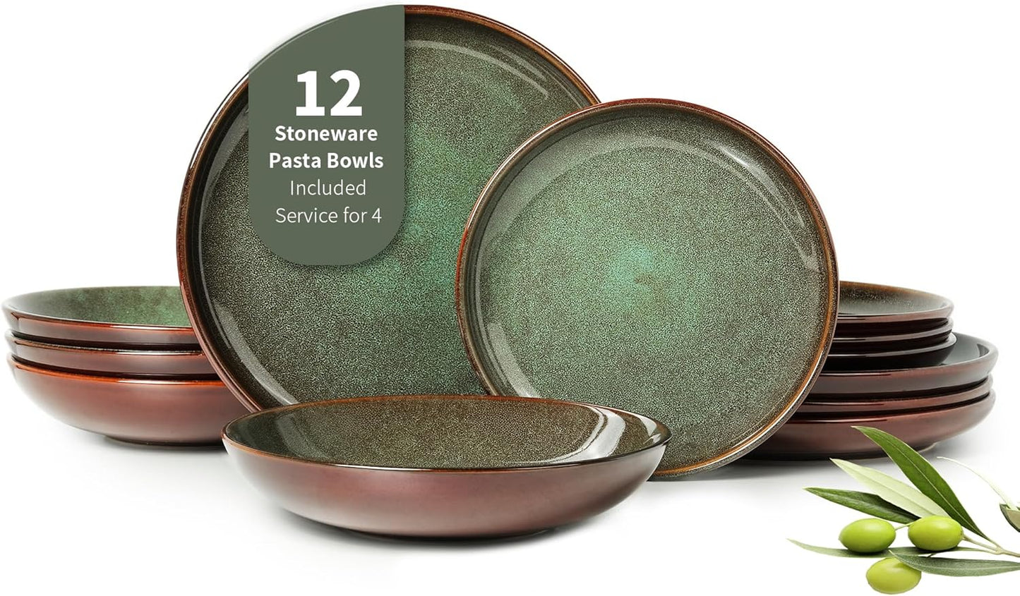 12 Piece Dinnerware Sets with Pasta Bowls, Stain Resistant Dish Set, Easy Cleaning Dishes, Multi-Functional Plate and Bowl Set, Stack Compactly Plates, Service for 4 Sage Green