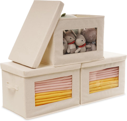 Citylife 3 Pack Storage Bins with Lids, Fabric Foldable Storage Bins with Soft Cord Handles, Canvas Storage Bin with Lid for Organizing Clothes, Blankets and Books, Beige