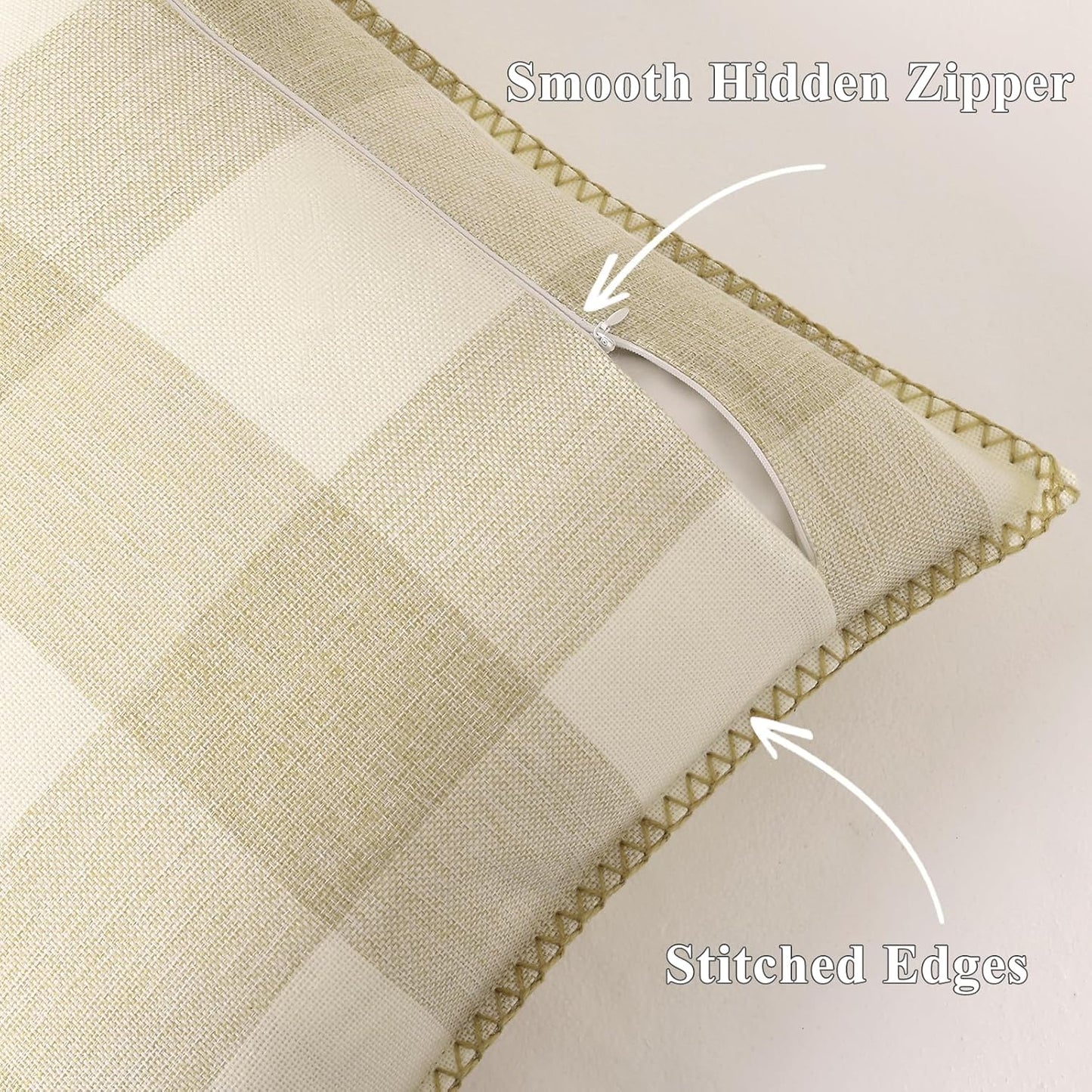 decorUhome Buffalo Plaid Check Fall Throw Pillow Covers 18x18 Set of 2, Outdoor Decorative Farmhouse Pillow Covers with Stitched Edge for Bed Couch Sofa, Cream White and Beige