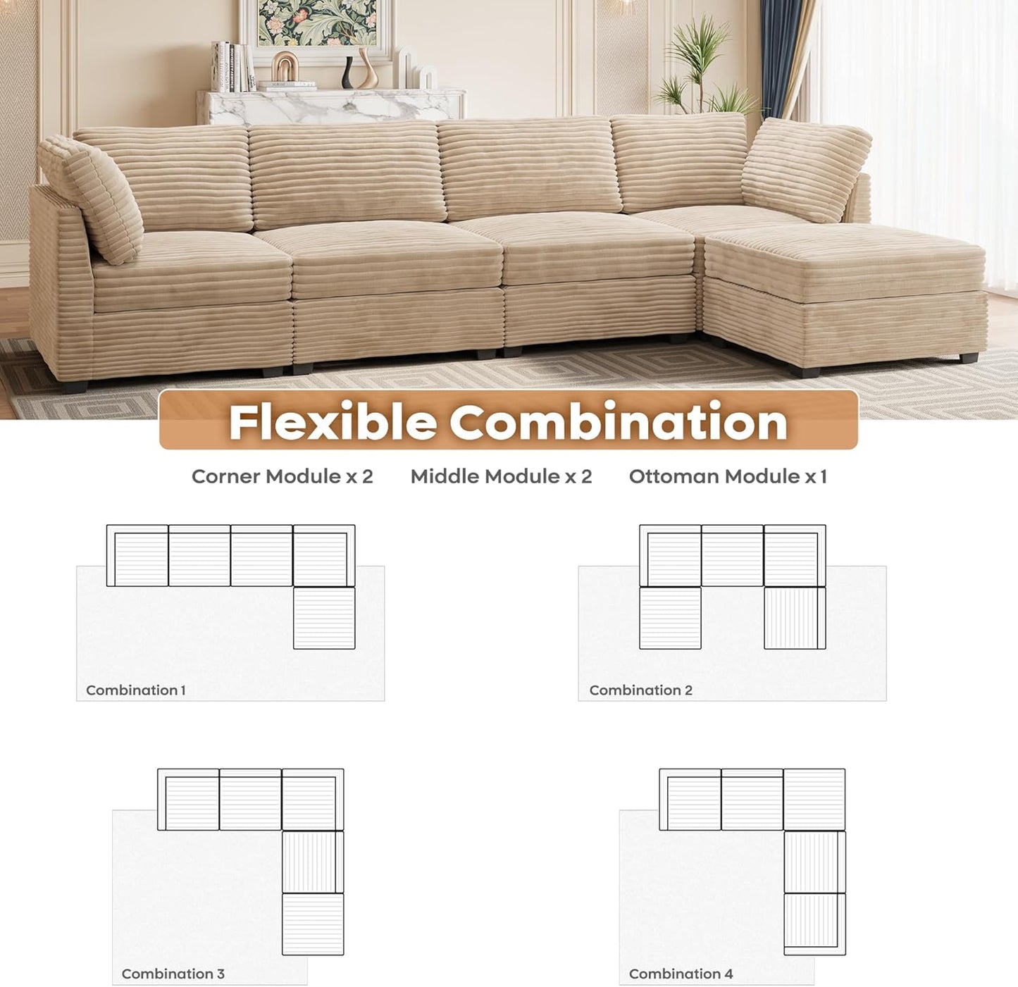 ovios Sectional Sofa Couch with L-Shape Chaise Ottoman, Comfy Modular Cloud Couches with Deep Seat, Modern Upholstered Plush Corduroy Sofas Set for Living Room, 5-Seater, Beige