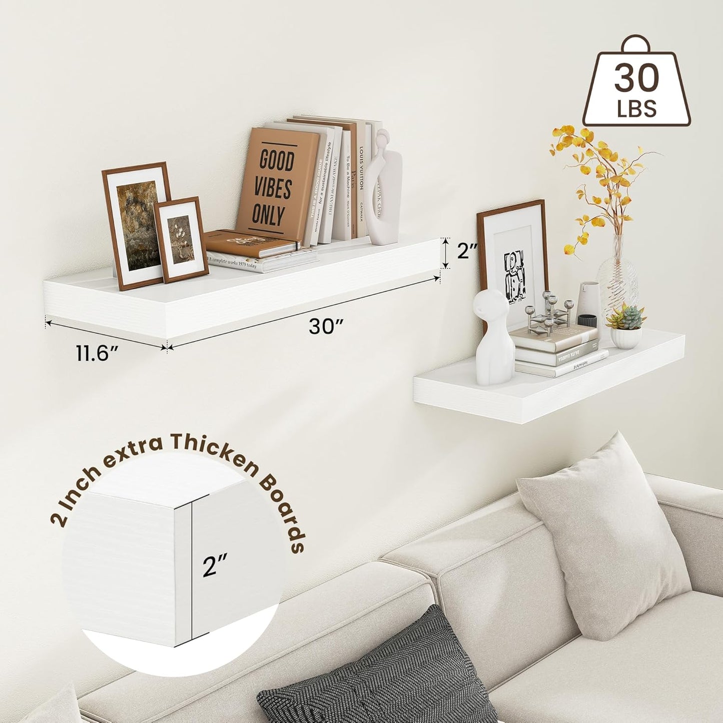Deep Floating Shelves | 30 Inch Floating Shelves for Wall Set of 2 | 12 Inch Deep White Shelves for Living Room Bathroom Laundry Room Bedroom Kitchen Home Office - White