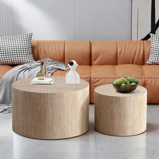 Round Nesting Coffee Table Modern Travertine Coffee Table Set of 2 for Living Room Circle Drum Coffee Tables Round Nesting Tables for Small Spaces (Travertine 26in)