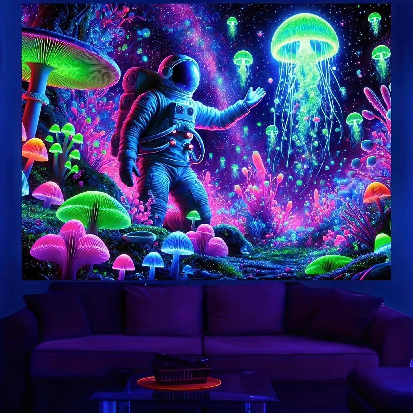 BlissYard Blacklight Astronaut Jellyfish Tapestry Trippy Mushroom Tapestry UV Reactive 59X78 inch Fantasy Plants Wall Tapestry Psychedelic Neon Galaxy Space Tapestry Wall Hanging for Room Boys Poster