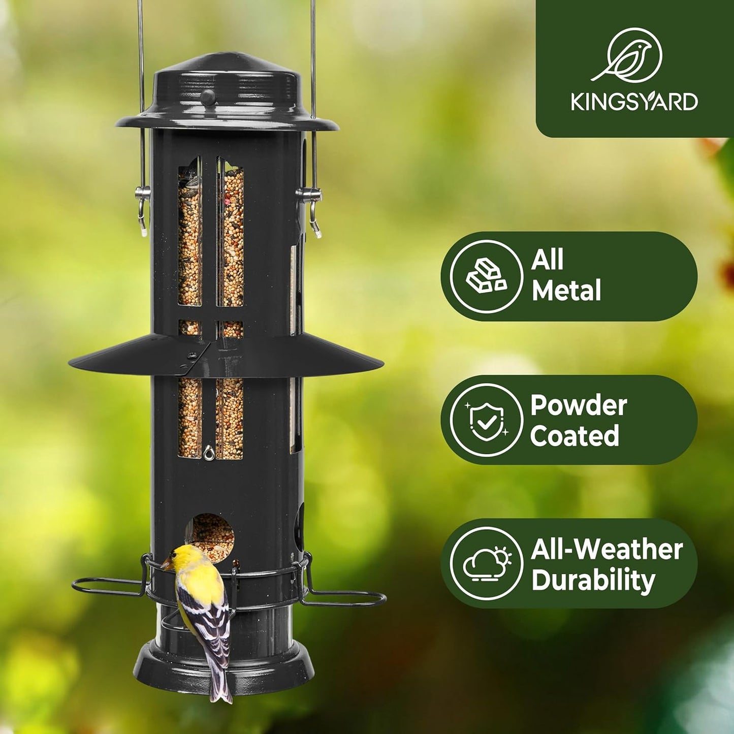 Kingsyard Squirrel Proof Bird Feeder with Removable Base, All Metal, Tube Bird Feeders for Outdoors Hanging, Easy to Clean & Refill, Black