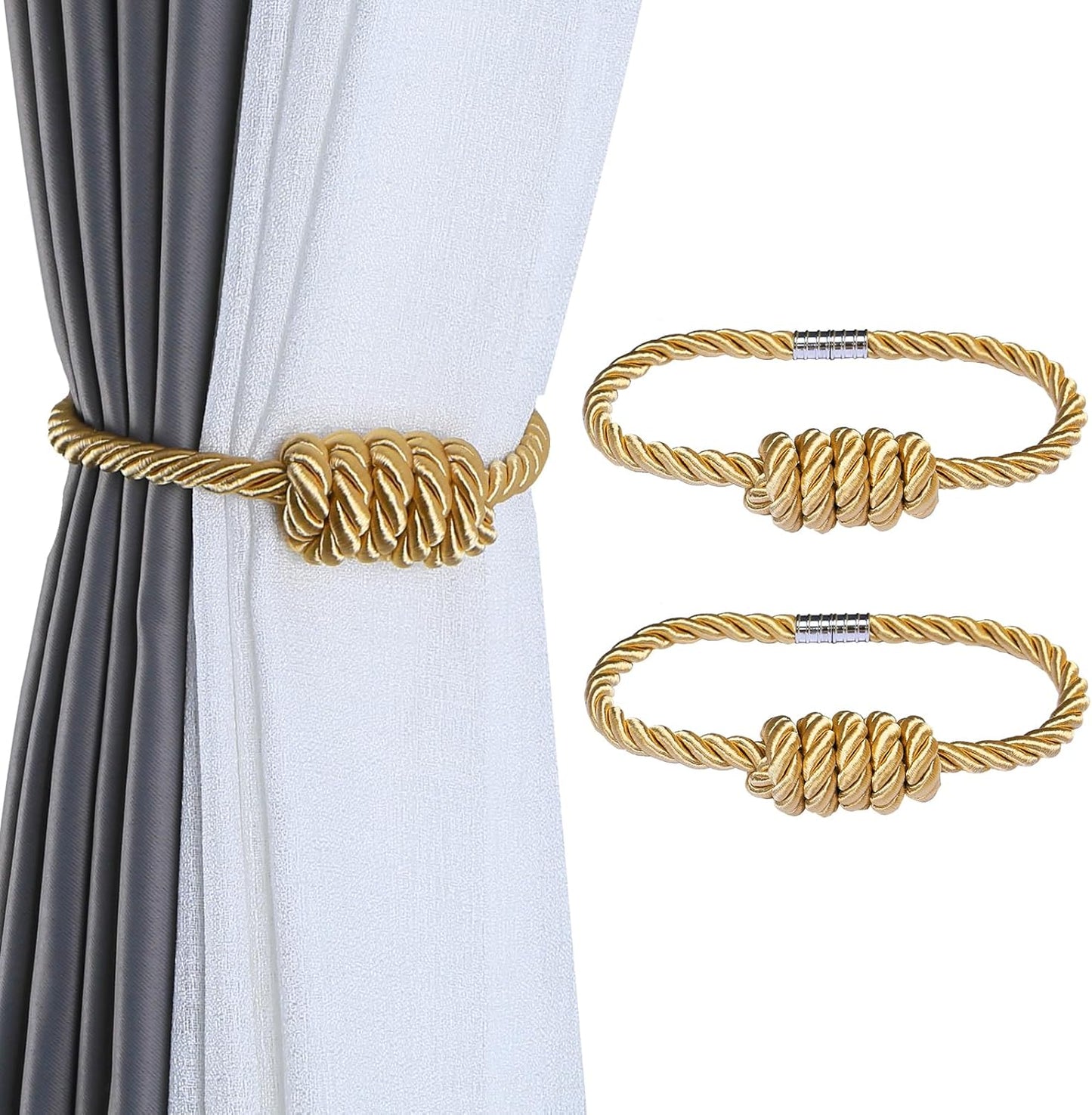 Fenghuangwu 2Pack Magnetic Curtain Tiebacks – Bohemian Style Handmade Woven Tie-Backs for Drapes,Elegant Exquisite Knot Holdbacks,Outdoor Boho & Modern Home Decor（Gold
