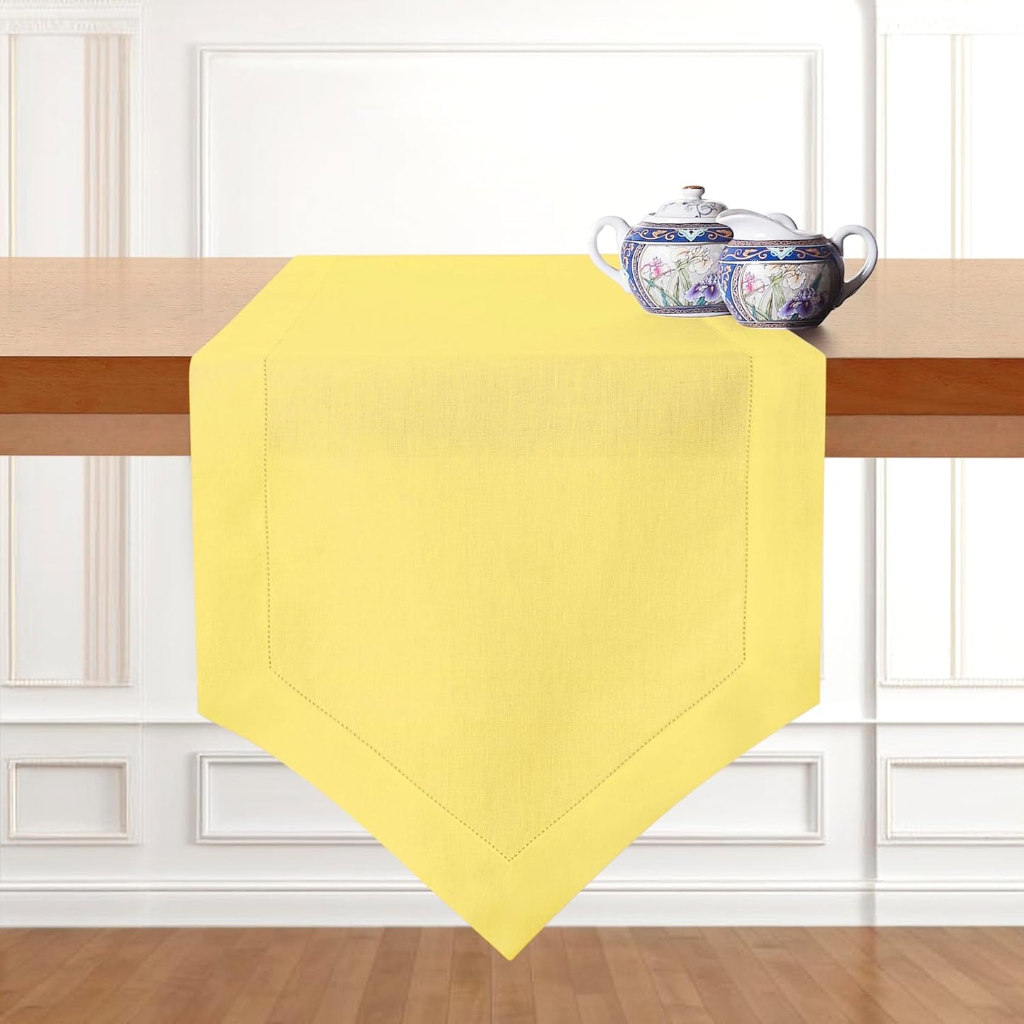 D'Moksha Homes Lemon Yellow Linen Table Runner 108 Inches Long - 100% Pure Linen Diamond Table Runner 14 x 108 Inch for Dining, Fall and Halloween - Machine Washable