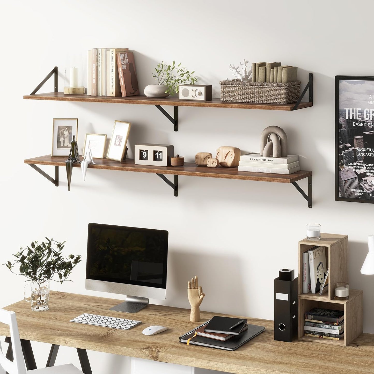 Floating Shelves 55 Inch Long, 10" Deep Floating Shelves, Walnut Wall Shelves 55 x 10, Set of 2, Wide Large Display Storage Shelves for Bathroom, Living Room, Rustic Wood Shelves with Brackets